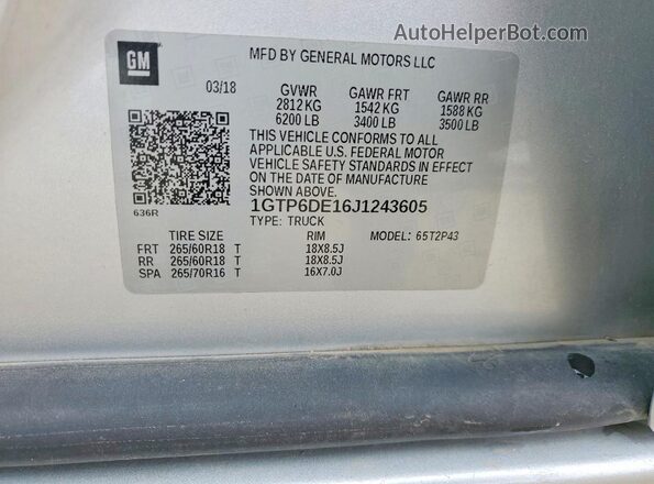 1GTP6DE16J1243605 2018 GMC CANYON Серебряный Вид наклейки с VIN-кодом