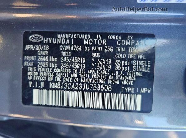 KM8J3CA23JU753508 2018 HYUNDAI TUCSON Серый Вид задней части салона