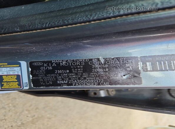 KNAFZ5A35G5592172 2016 KIA FORTE Серебряный Вид наклейки с VIN-кодом