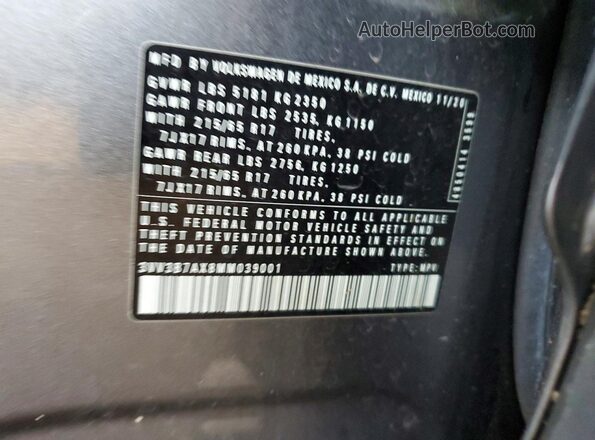 3VV3B7AX8MM039001 2021 VOLKSWAGEN TIGUAN Серый Вид наклейки с VIN-кодом