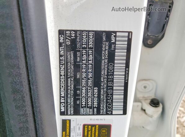 4JGDA5HB1JB181080 2018 MERCEDES-BENZ GLE Белый Вид наклейки с VIN-кодом