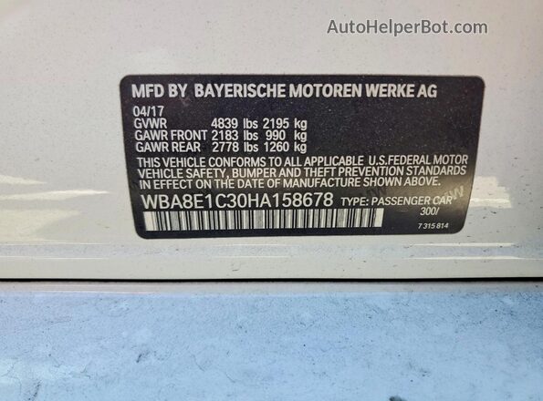 WBA8E1C30HA158678 2017 BMW 3 SERIES White VIN sticker view