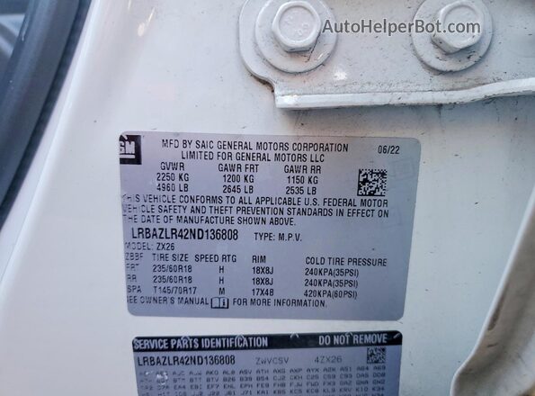 LRBAZLR42ND136808 2022 BUICK ENVISION White Панорамний вид салону 360°