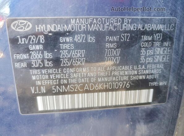 5NMS2CAD6KH010976 2019 HYUNDAI SANTA Blue Vista interior de 360 grados