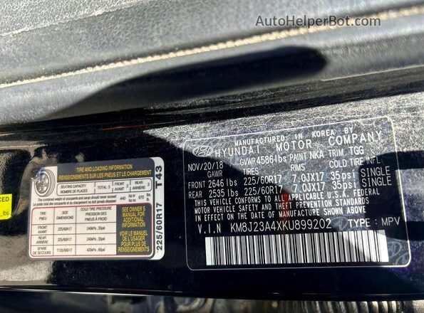 KM8J23A4XKU899202 2019 HYUNDAI TUCSON Черный Вид задней части салона