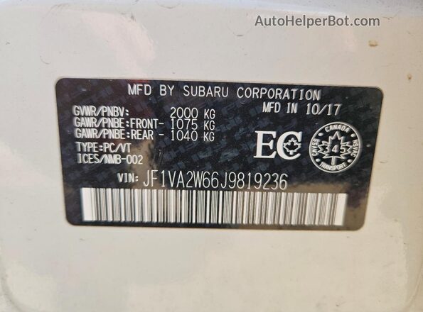 JF1VA2W66J9819236 2018 SUBARU WRX White VIN կոդի պիտակի տեսք