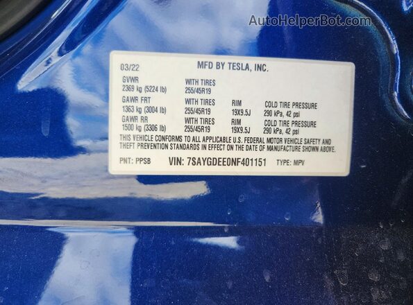 7SAYGDEE0NF401151 2022 TESLA MODEL Blue VIN կոդի պիտակի տեսք