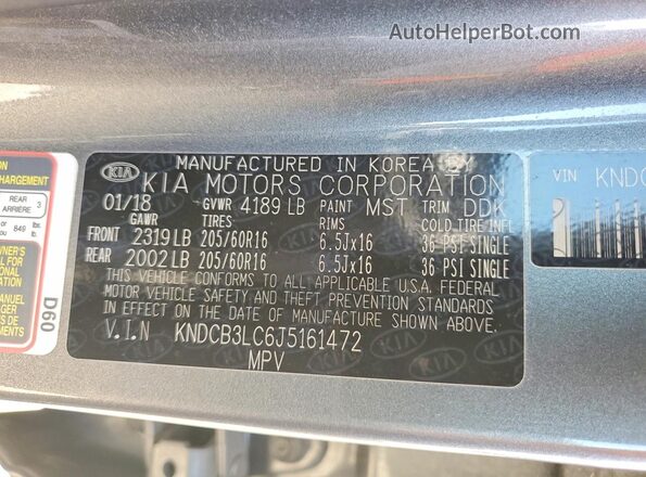 KNDCB3LC6J5161472 2018 KIA NIRO Серый Вид наклейки с VIN-кодом