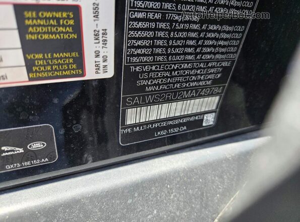 SALWS2RU2MA749784 2021 LAND ROVER RANGE Черный Вид задних сидений