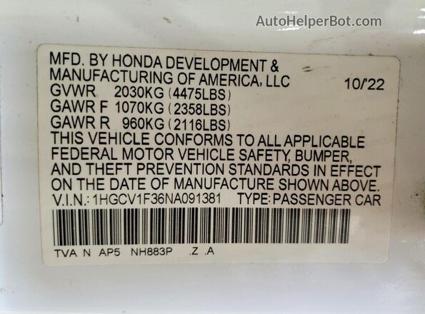 1HGCV1F36NA091381 2022 HONDA ACCORD White Widok komory silnika