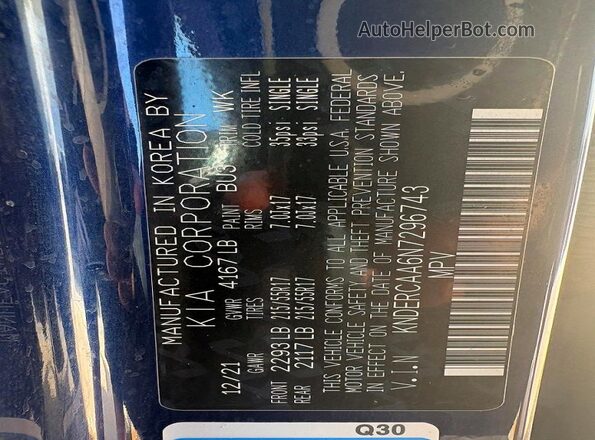 KNDERCAA6N7296743 2022 KIA SELTOS Синий Вид задней части салона