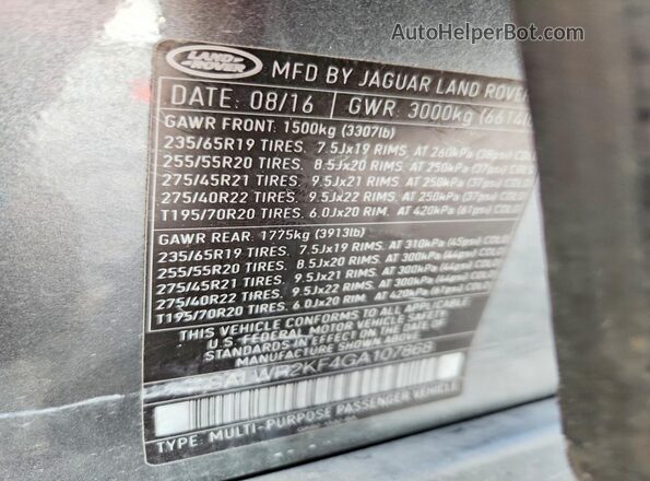 SALWR2KF4GA107868 2016 LAND ROVER RANGE Gray Vista interior de 360 grados