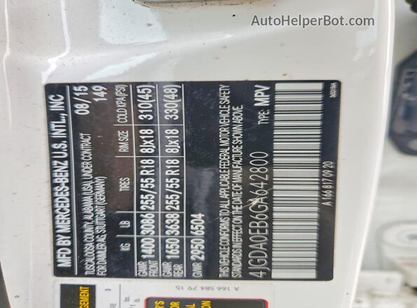 4JGDA0EB6GA642800 2016 MERCEDES-BENZ GLE White VIN კოდის სტიკერის ხედი