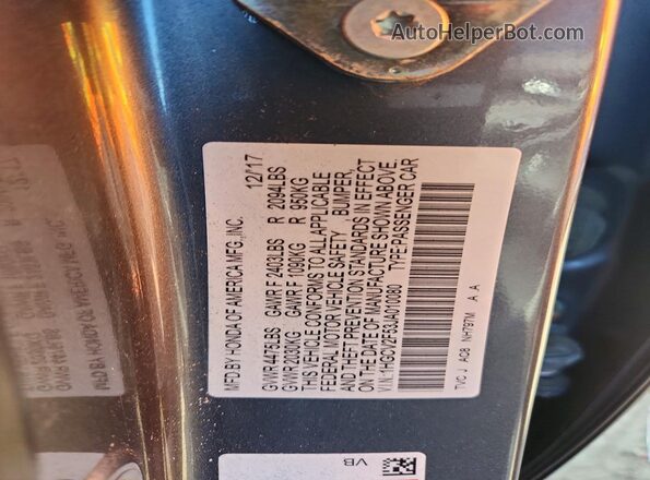 1HGCV2F53JA010080 2018 HONDA ACCORD Gray VIN კოდის სტიკერის ხედი