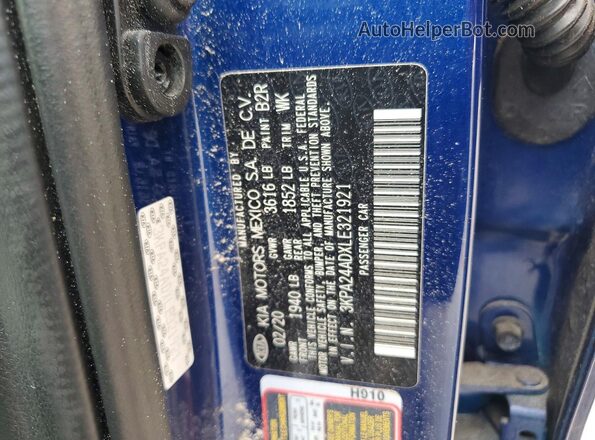 3KPA24ADXLE321921 2020 KIA RIO Синий Вид наклейки с VIN-кодом