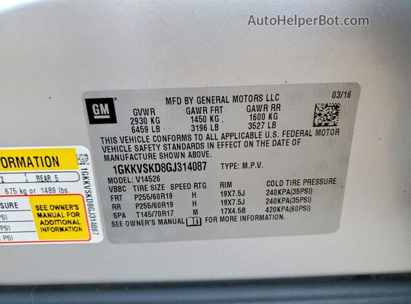 1GKKVSKD8GJ314087 2016 GMC ACADIA Серебряный Вид наклейки с VIN-кодом
