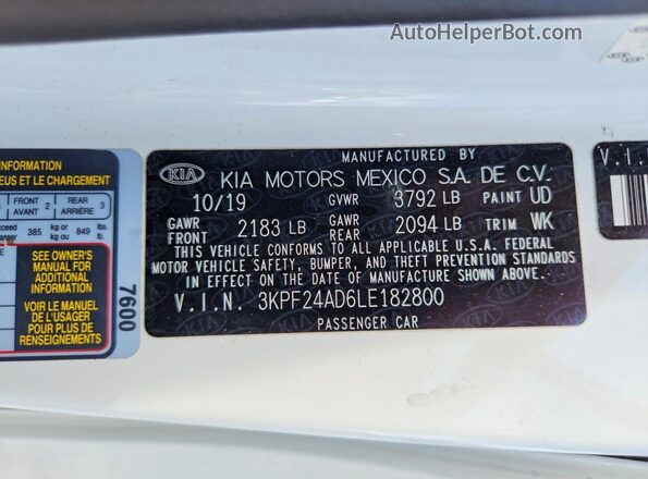 3KPF24AD6LE182800 2020 KIA FORTE White Vista de la etiqueta del VIN