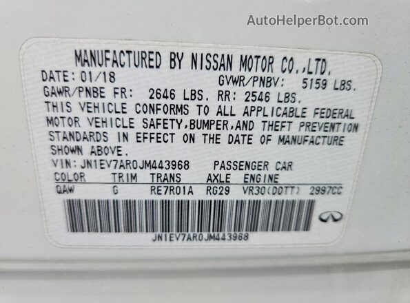 JN1EV7AR0JM443968 2018 INFINITI Q50 Белый Вид наклейки с VIN-кодом