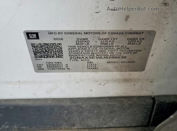 2GNAXSEV6J6288638 2018 CHEVROLET EQUINOX White Widok naklejki z numerem VIN