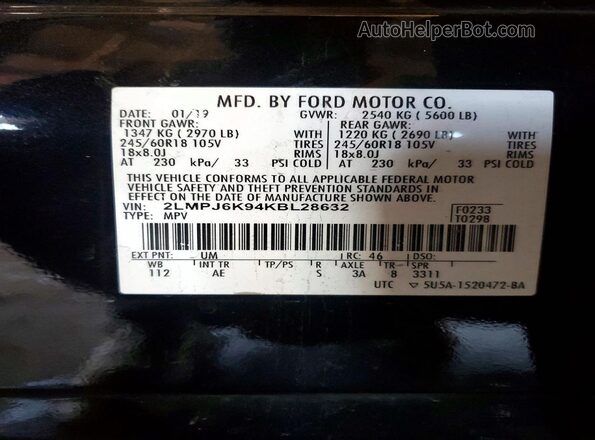 2LMPJ6K94KBL28632 2019 LINCOLN NAUTILUS Black Widok naklejki z numerem VIN
