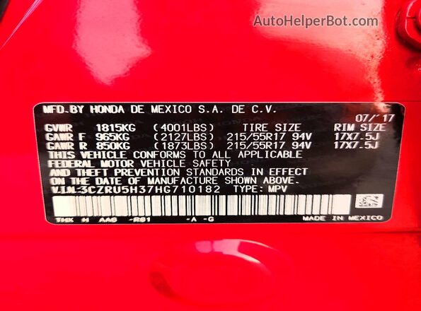 3CZRU5H37HG710182 2017 HONDA HR-V Red Widok naklejki z numerem VIN