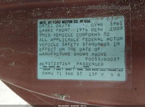 8K93T237269 1978 FORD FAIRMONT Brown Vista del compartimento del motor