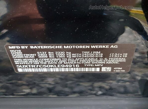 5UXTR7C50KLE94916 2019 BMW X3 Черный Вид наклейки с VIN-кодом