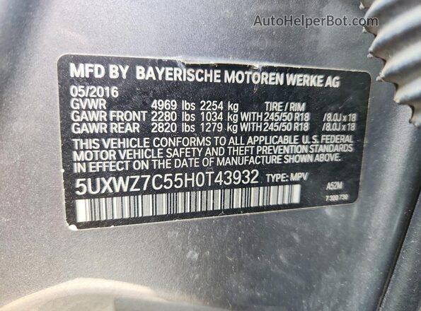 5UXWZ7C55H0T43932 2017 BMW X3 Gray Vista interior de 360 grados