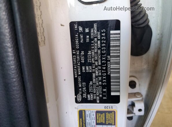 5XXGT4L3XLG392345 2020 KIA OPTIMA Белый Вид наклейки с VIN-кодом