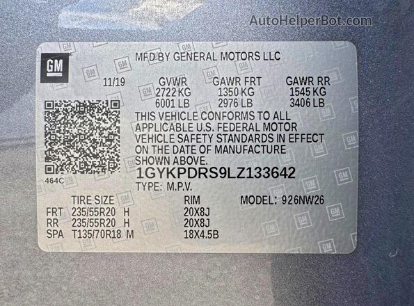 1GYKPDRS9LZ133642 2020 CADILLAC XT6 Серый 