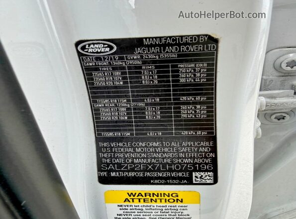SALZP2FX7LH075196 2020 LAND ROVER RANGE ROVER White Սալոնի հետևի տեսք
