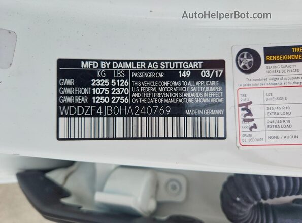 WDDZF4JB0HA240769 2017 MERCEDES-BENZ E White Widok naklejki z numerem VIN