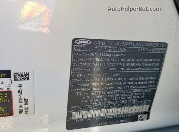 SALRG2RV5KA094587 2019 LAND ROVER DISCOVERY White Widok wnętrza 360 stopni