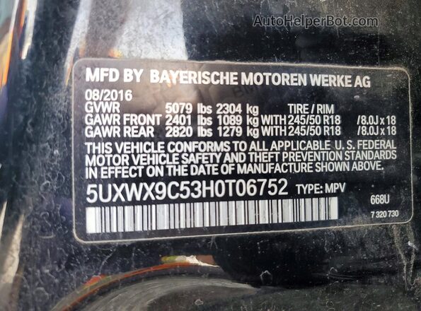 5UXWX9C53H0T06752 2017 BMW X3 Черный Панорамный вид салона 360°