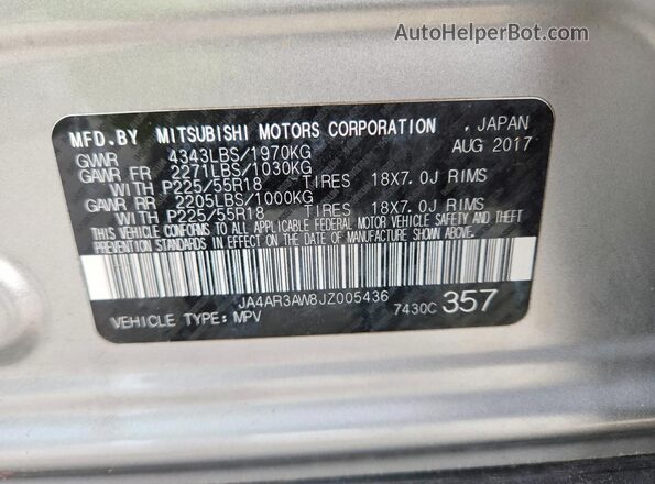 JA4AR3AW8JZ005436 2018 MITSUBISHI OUTLANDER Серебряный Панорамный вид салона 360°