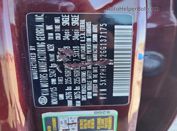 5XYPHDA12GG137175 2016 KIA SORENTO Burgundy VIN კოდის სტიკერის ხედი