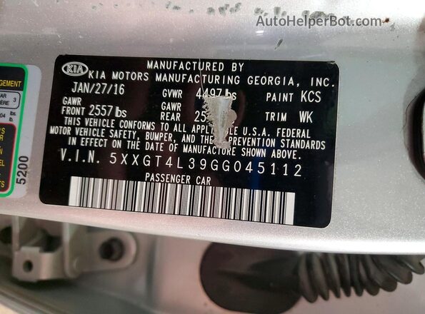 5XXGT4L39GG045112 2016 KIA OPTIMA Серебряный Вид наклейки с VIN-кодом