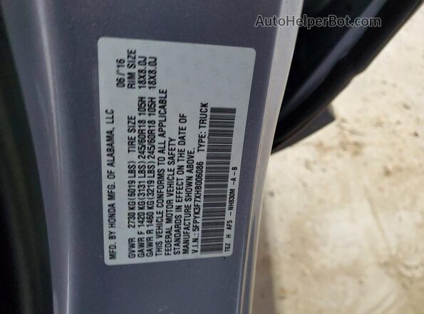 5FPYK3F7XHB006086 2017 HONDA RIDGELINE Gray VIN sticker view