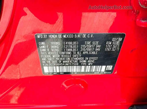 3CZRU6H54JM717508 2018 HONDA HR-V Red უკანა სალონის ხედი