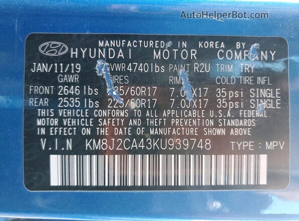 KM8J2CA43KU939748 2019 HYUNDAI TUCSON Синий Панорамный вид салона 360°