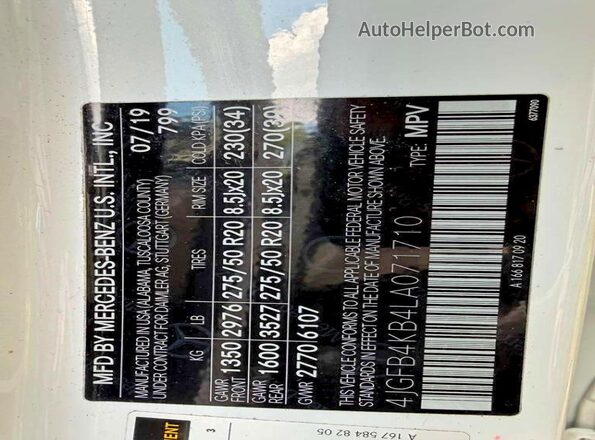 4JGFB4KB4LA071710 2020 MERCEDES-BENZ GLE White Vista interior de 360 grados