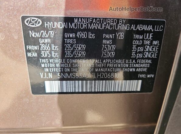 5NMS53AA1LH206810 2020 HYUNDAI SANTA FE Gray Панорамний вид салону 360°
