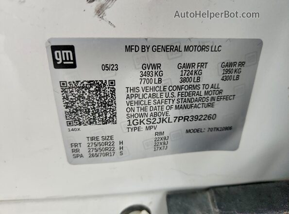 1GKS2JKL7PR392260 2023 GMC YUKON Белый Вид наклейки с VIN-кодом