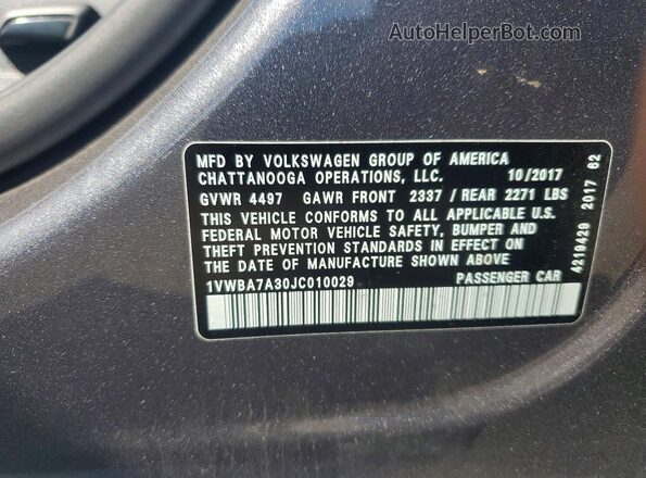 1VWBA7A30JC010029 2018 VOLKSWAGEN PASSAT Gray VIN კოდის სტიკერის ხედი
