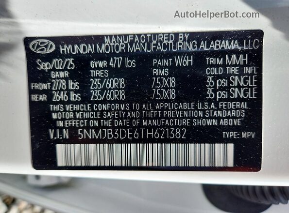 5NMJB3DE6TH621382 2026 HYUNDAI TUCSON Белый Панорамный вид салона 360°