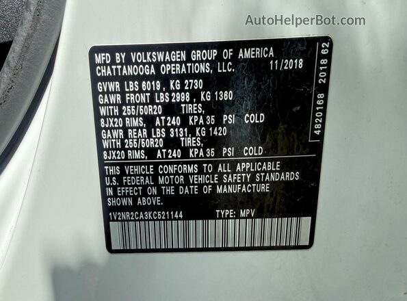 1V2NR2CA3KC521144 2019 VOLKSWAGEN ATLAS Белый Вид задней части салона