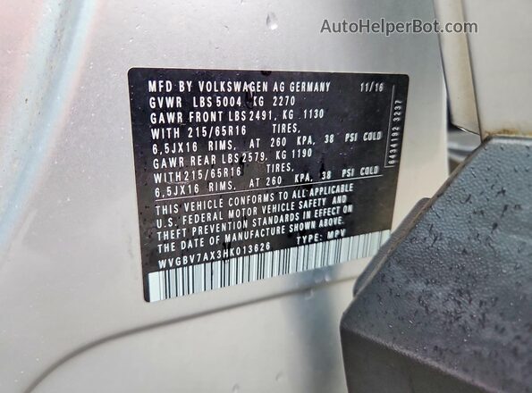 WVGBV7AX3HK013626 2017 VOLKSWAGEN TIGUAN Серебряный Панорамный вид салона 360°