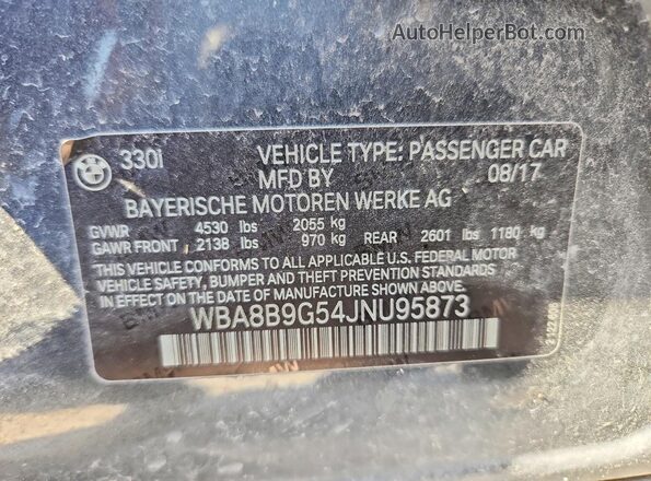 WBA8B9G54JNU95873 2018 BMW OTHER Gray Widok naklejki z numerem VIN