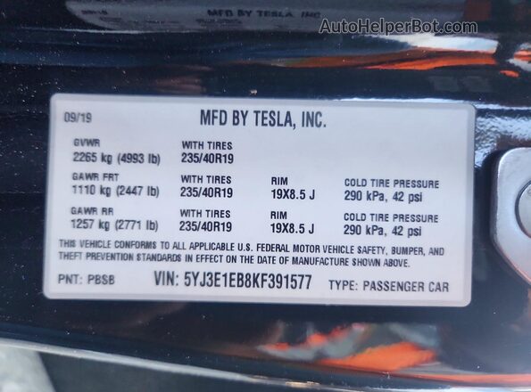 5YJ3E1EB8KF391577 2019 TESLA MODEL Черный Панорамный вид салона 360°