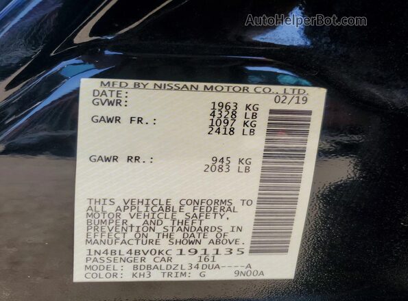 1N4BL4BV0KC191135 2019 NISSAN ALTIMA Черный Вид подкапотного пространства